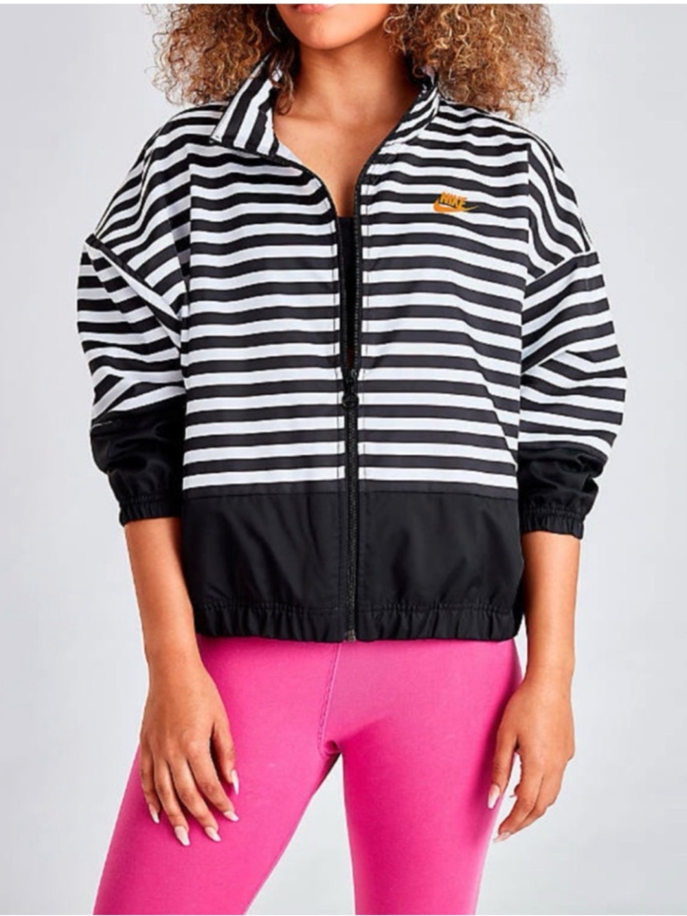 NWOT Nike Black & White Striped Zip-Up Jacket with Gold Swoosh Size Medium
